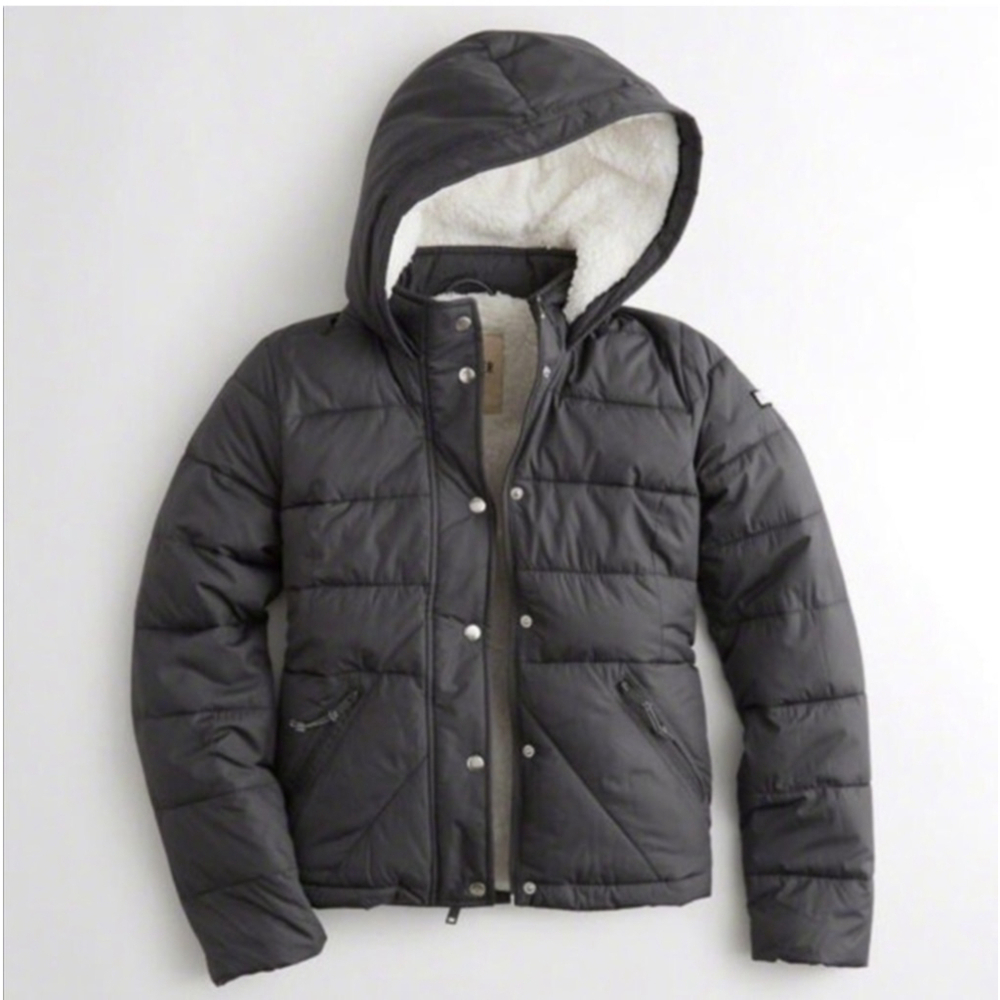 Hollister Gray Sherpa Lined Hooded Puffer Jacket Coat Size Medium